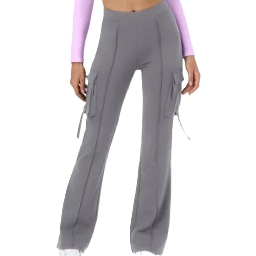 Halara Gray Cargo Pants High-Waisted Flared Leg Side Pockets Small NWT
